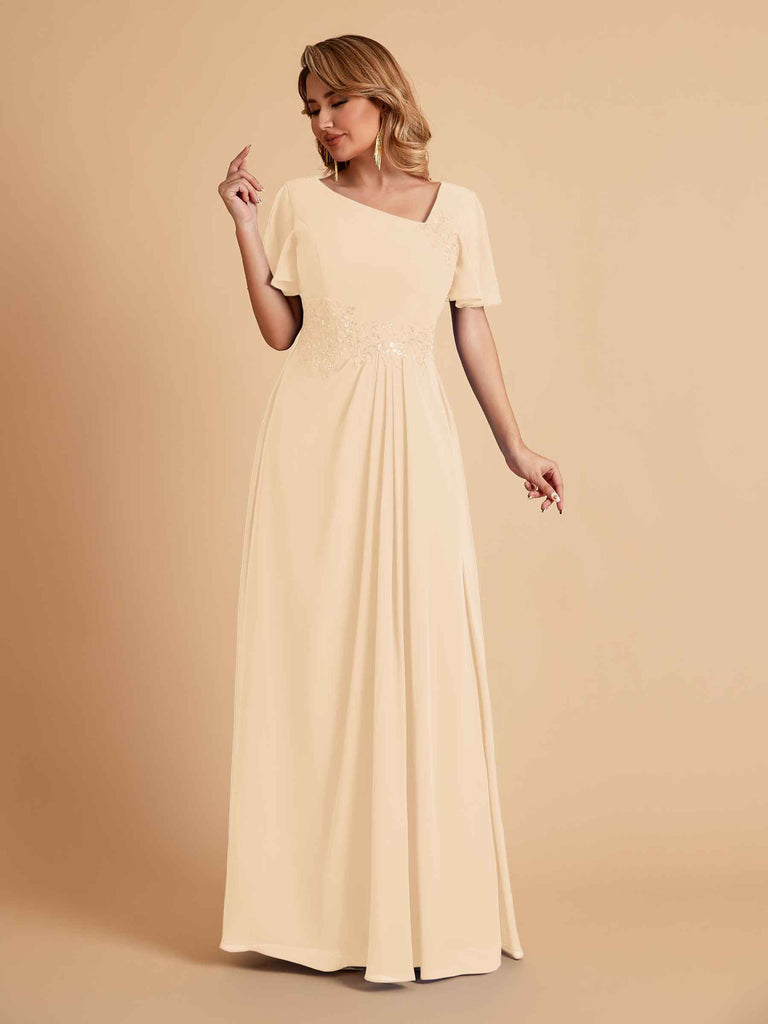 Robes de mère de la mariée élégantes coupe trapèze manches courtes et col en V