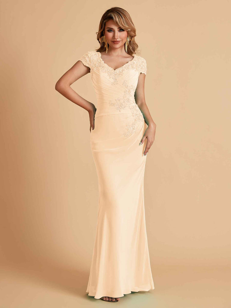 Robe de mère de la mariée col en V élégante en mousseline manches courtes