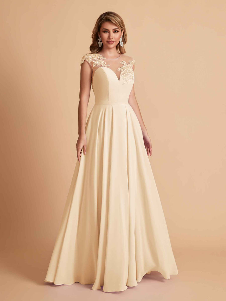 robes d'invitées de mariage en mousseline haut en dentelle illusion col en V