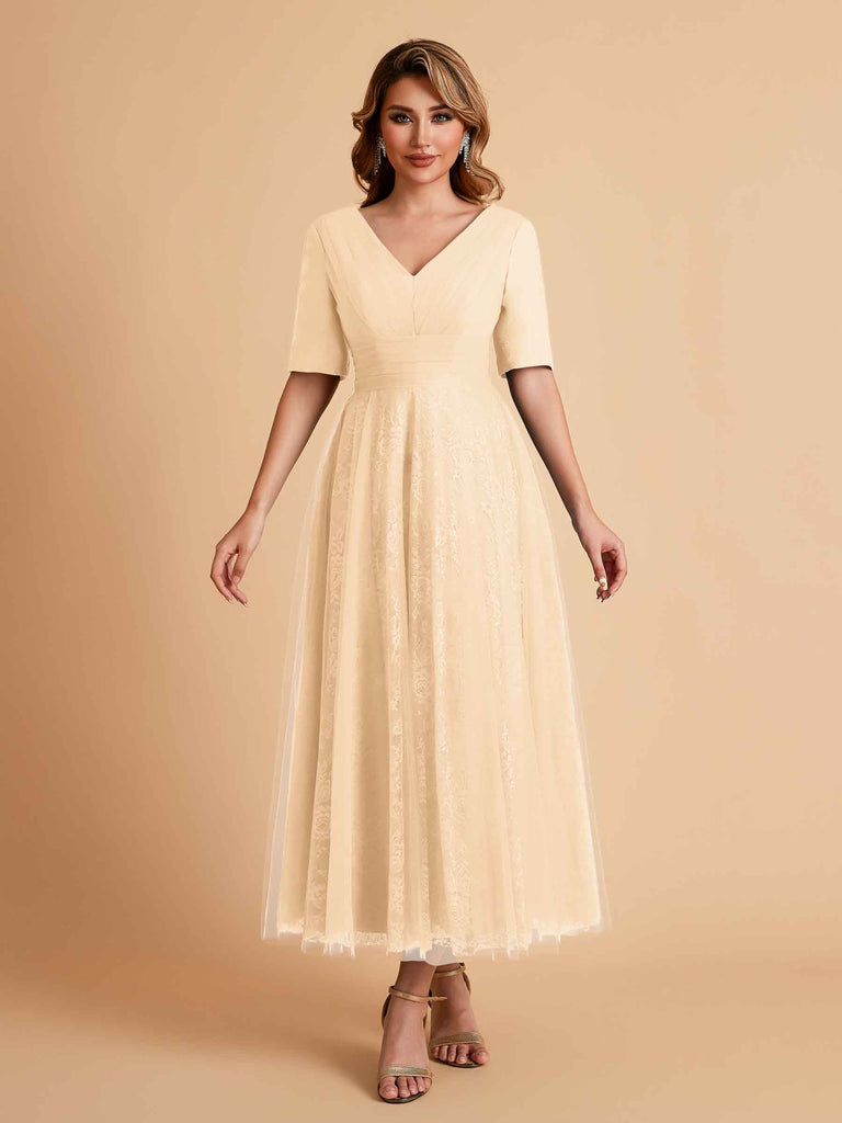 Robes de mère de la mariée élégantes manches mi-longues et col en V