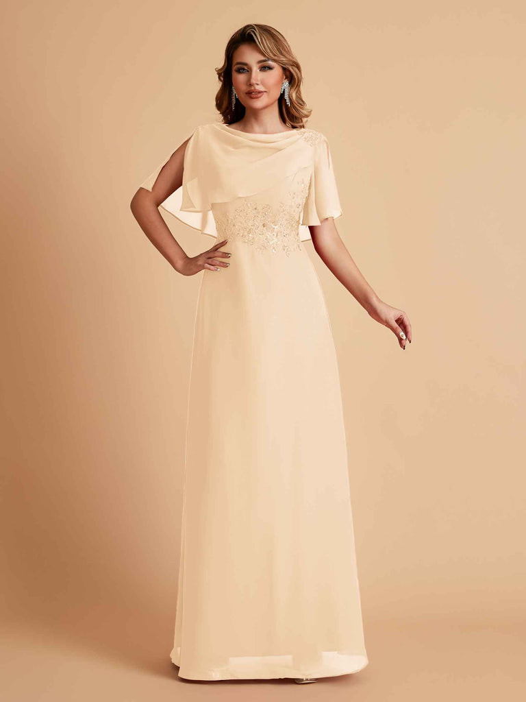 Robes de mère de la mariée en mousseline de soie manches mi-longues et bijoux