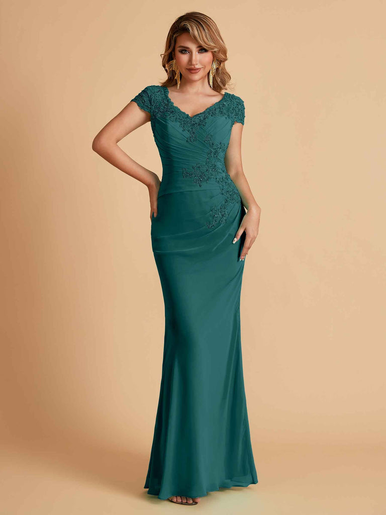 Robe de mère de la mariée col en V élégante en mousseline manches courtes