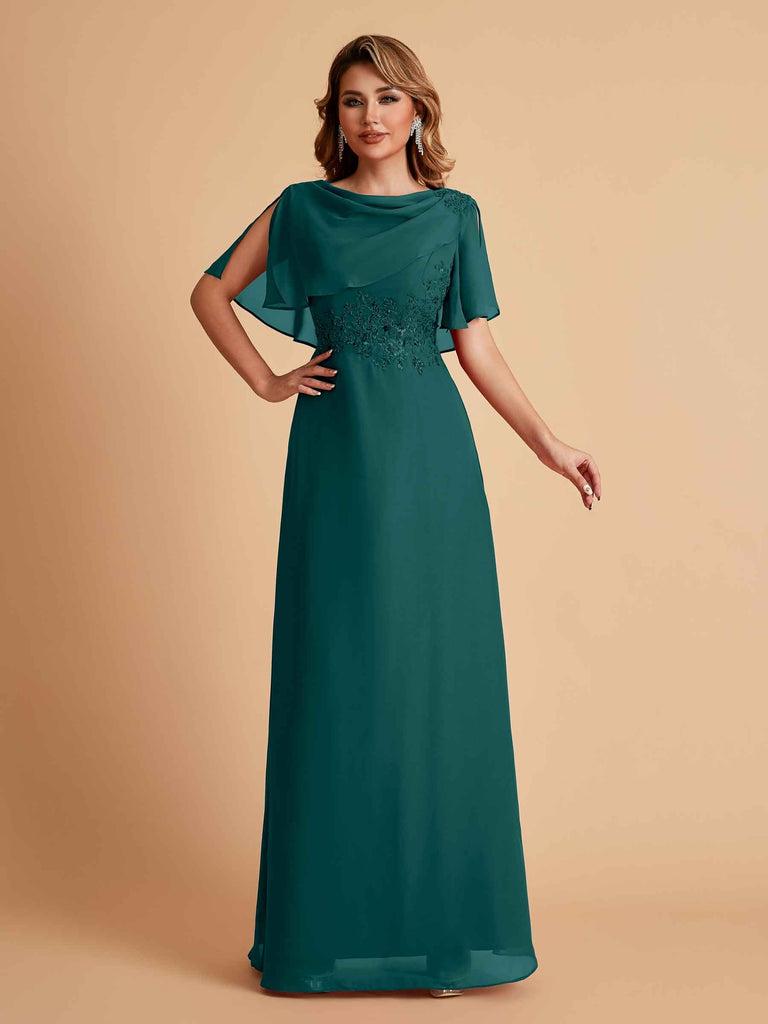 Robes de mère de la mariée en mousseline de soie manches mi-longues et bijoux