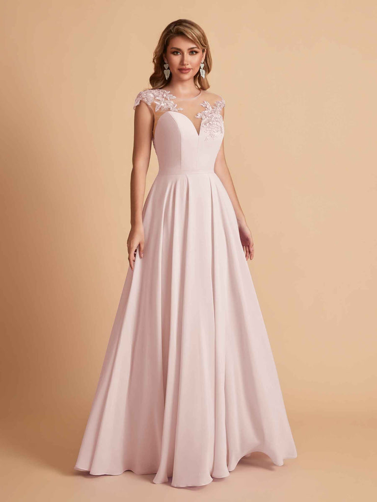 robes d'invitées de mariage en mousseline haut en dentelle illusion col en V