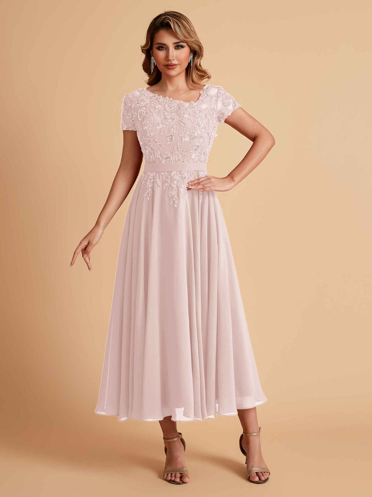 Robes de mère de la mariée coupe trapèze en mousseline à manches courtes