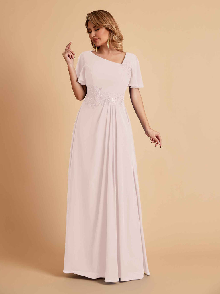 Robes de mère de la mariée élégantes coupe trapèze manches courtes et col en V