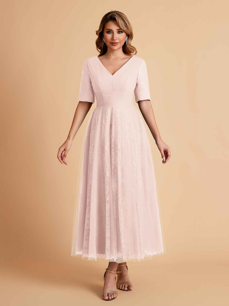 Robes de mère de la mariée élégantes manches mi-longues et col en V