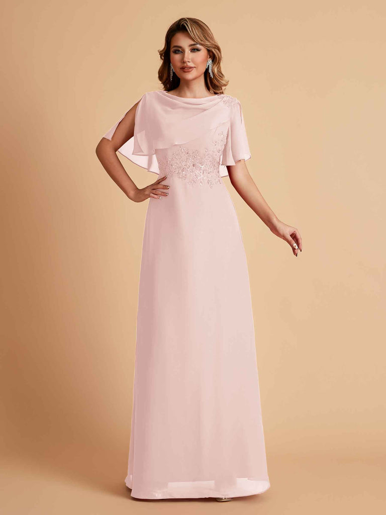 Robes de mère de la mariée en mousseline de soie manches mi-longues et bijoux