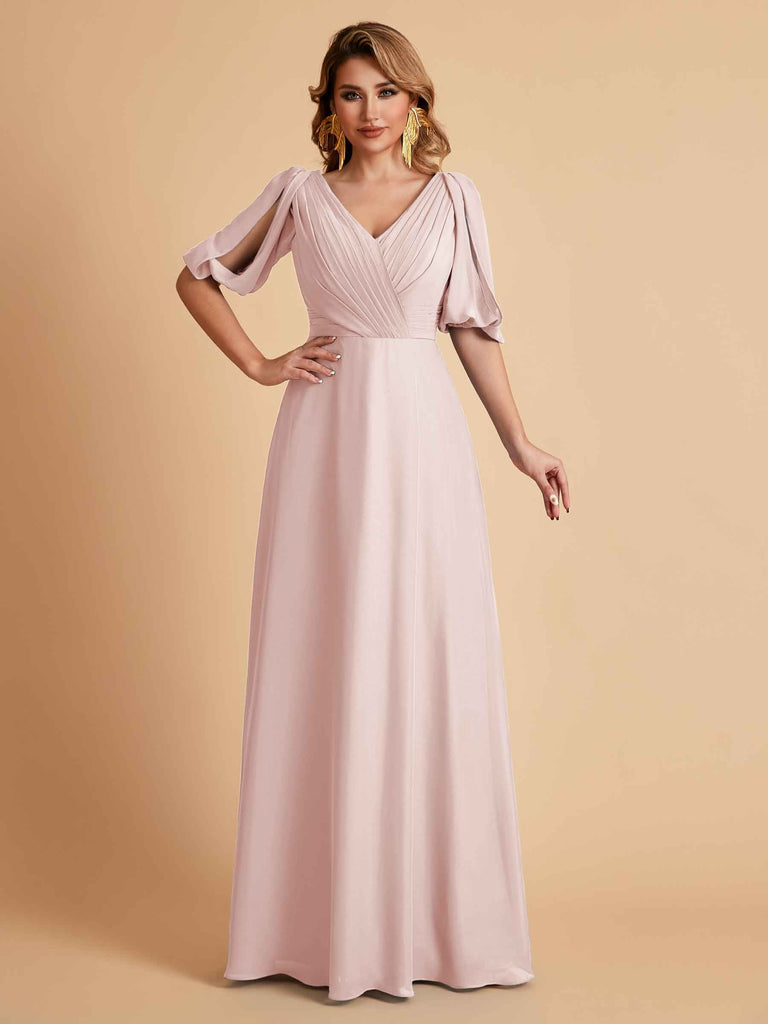 Robes de mère de la mariée élégantes en mousseline de soie manches mi-longues et col en V