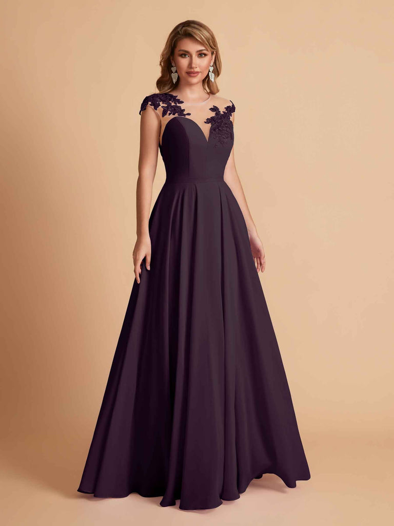 robes d'invitées de mariage en mousseline haut en dentelle illusion col en V