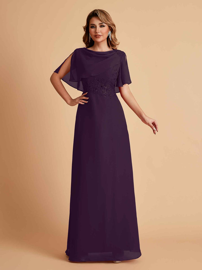 Robes de mère de la mariée en mousseline de soie manches mi-longues et bijoux