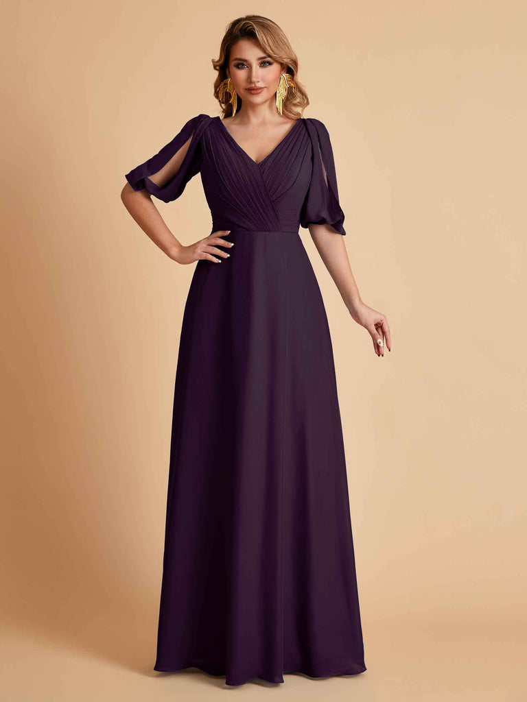 Robes de mère de la mariée élégantes en mousseline de soie manches mi-longues et col en V