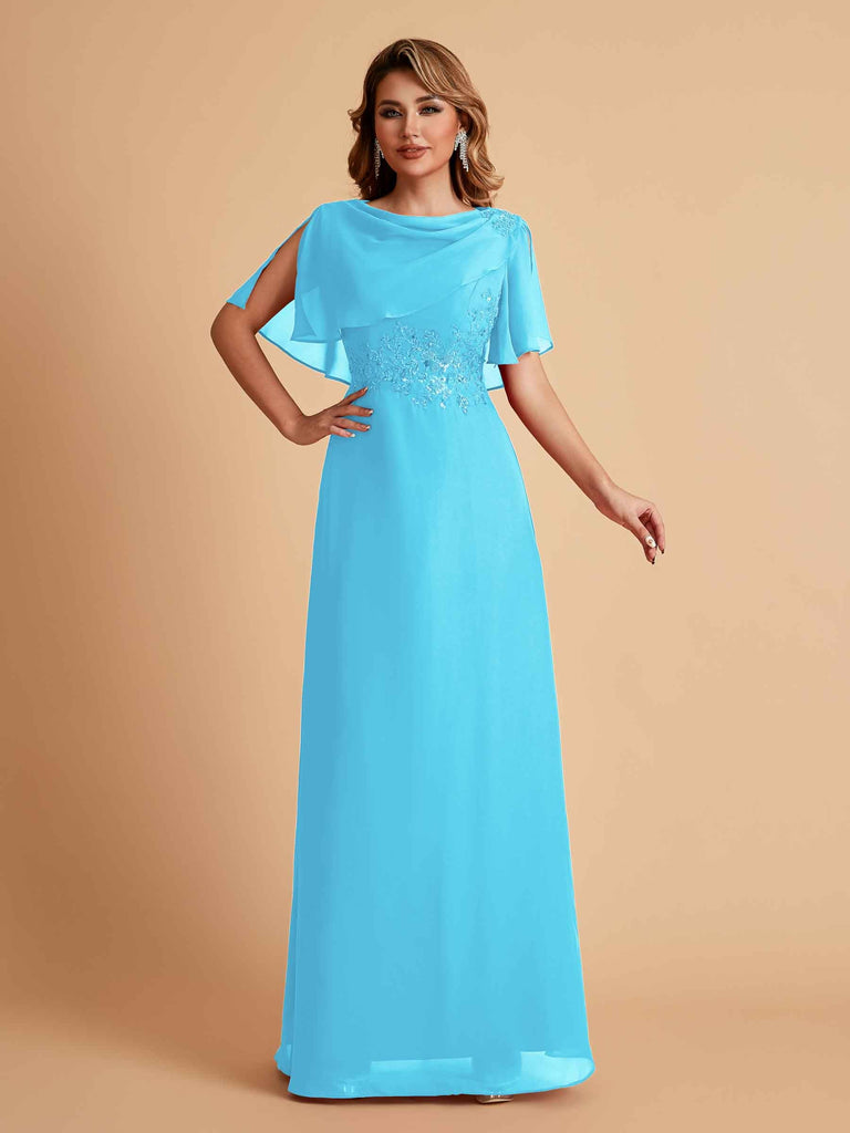 Robes de mère de la mariée en mousseline de soie manches mi-longues et bijoux