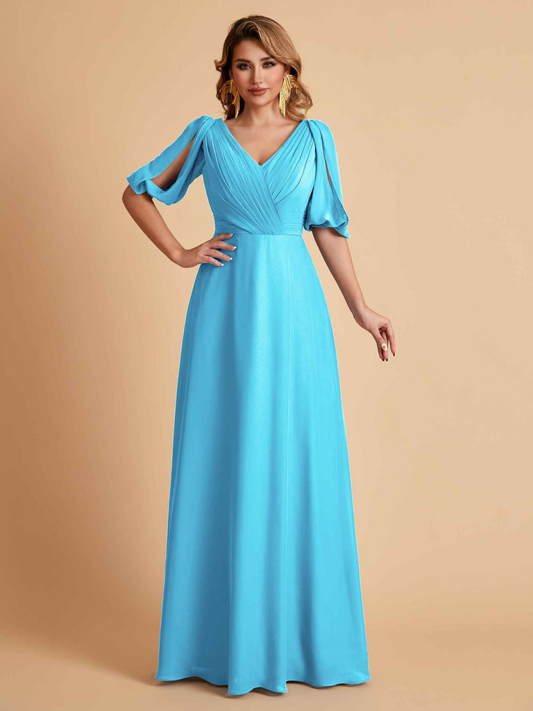 Robes de mère de la mariée élégantes en mousseline de soie manches mi-longues et col en V