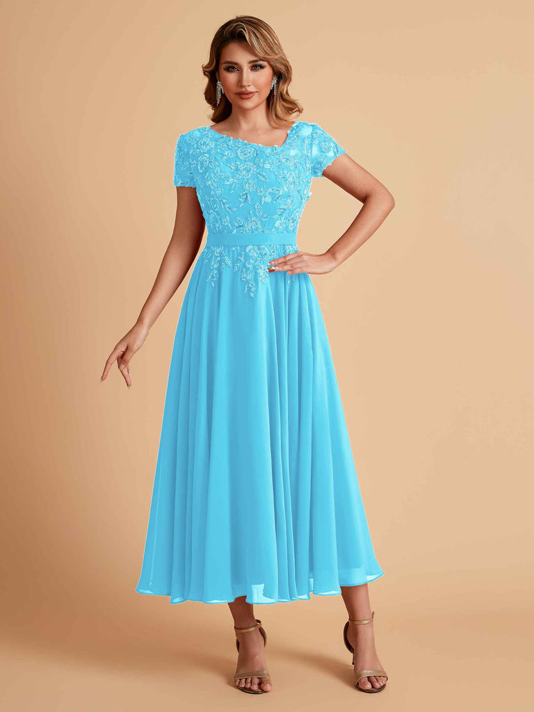 Robes de mère de la mariée coupe trapèze en mousseline à manches courtes