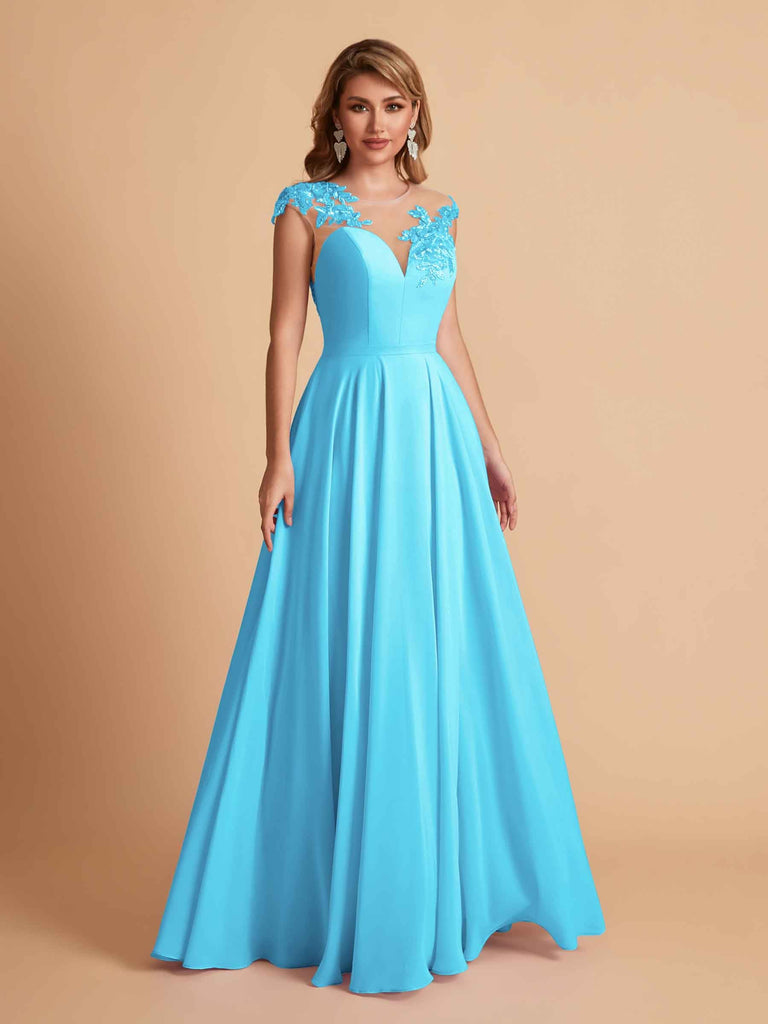 robes d'invitées de mariage en mousseline haut en dentelle illusion col en V