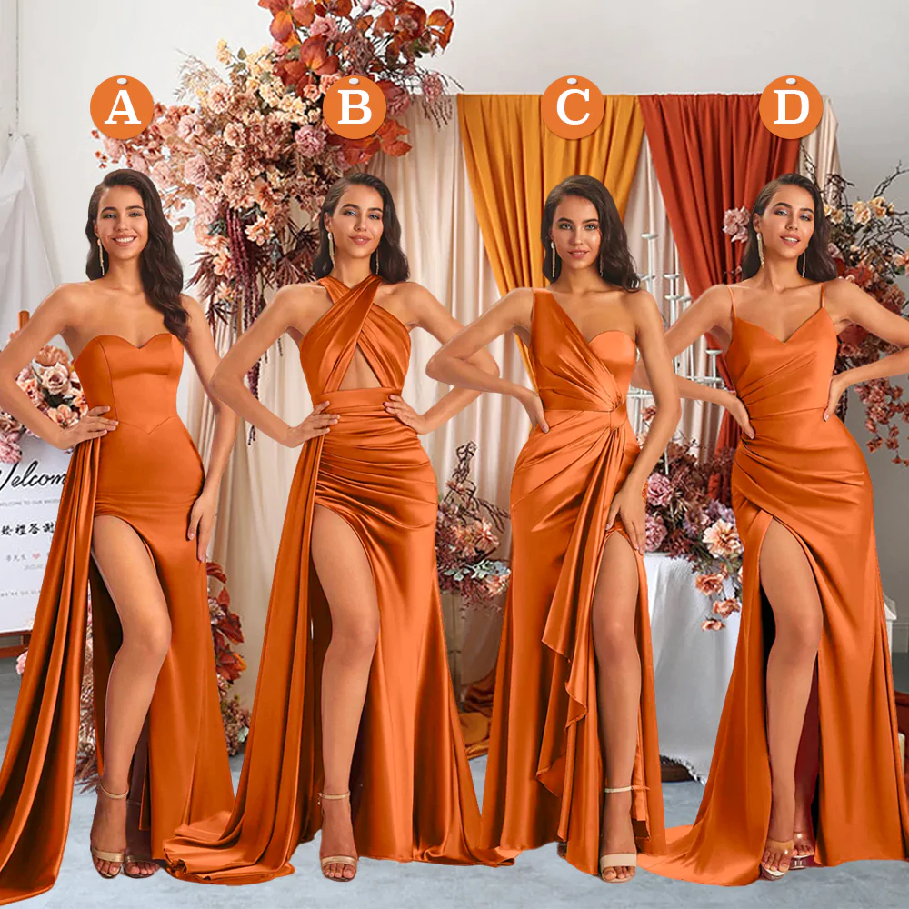 Orange brûlé sexy fente sirène longues robes de demoiselle d'honneur