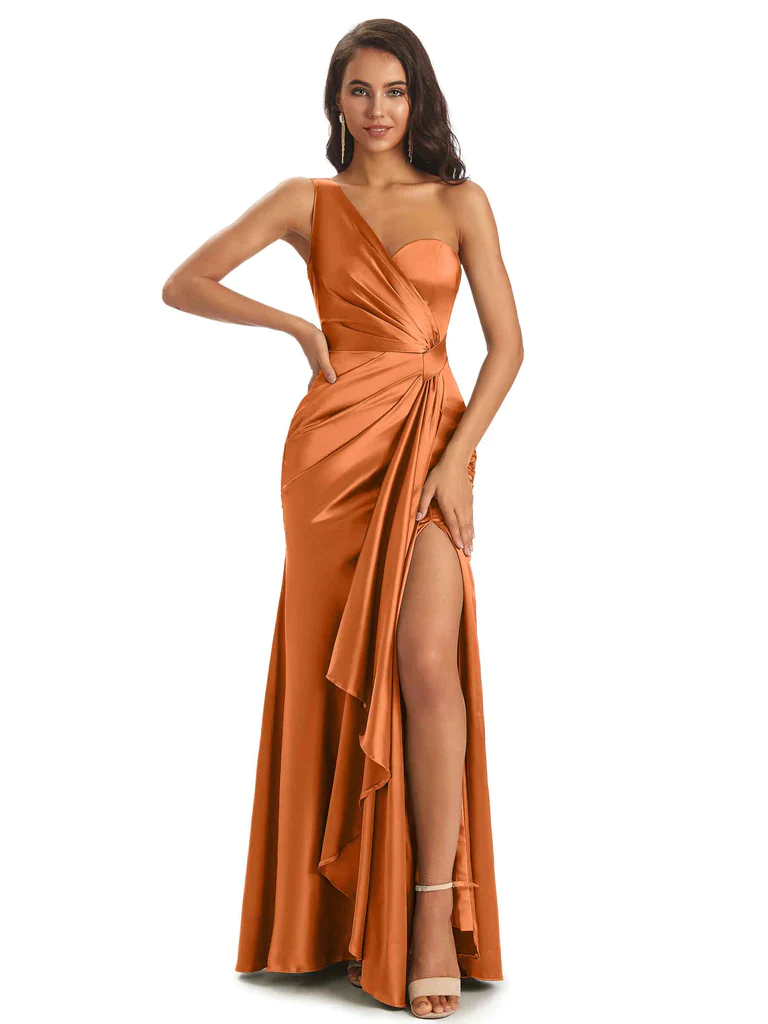 Orange brûlé sexy fente sirène longues robes de demoiselle d'honneur