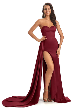 Bourgogne Sexy Fente Soyeux Satin Sirène Longue Robes De Demoiselle D'honneur