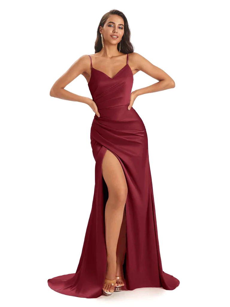 Bourgogne Sexy Fente Soyeux Satin Sirène Longue Robes De Demoiselle D'honneur