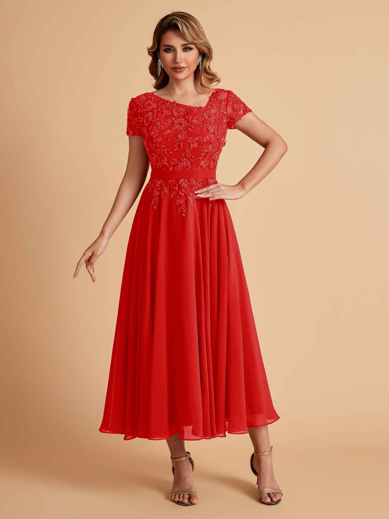 Robes de mère de la mariée coupe trapèze en mousseline à manches courtes