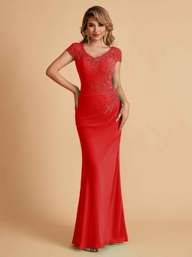 Robe de mère de la mariée col en V élégante en mousseline manches courtes