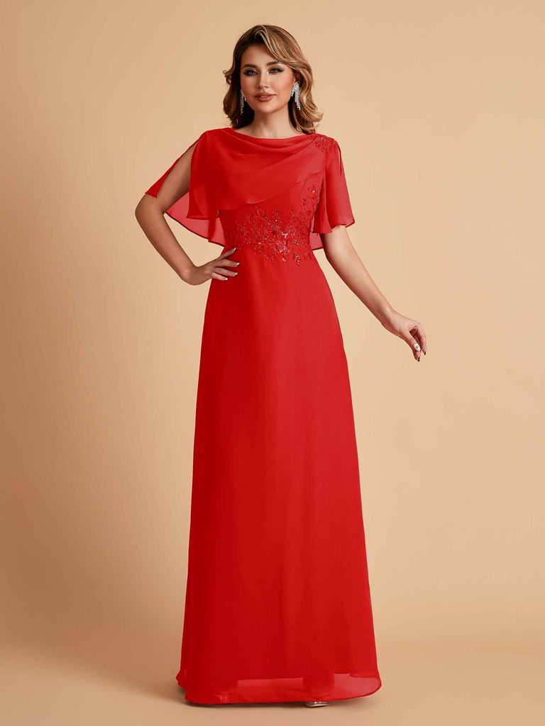 Robes de mère de la mariée en mousseline de soie manches mi-longues et bijoux