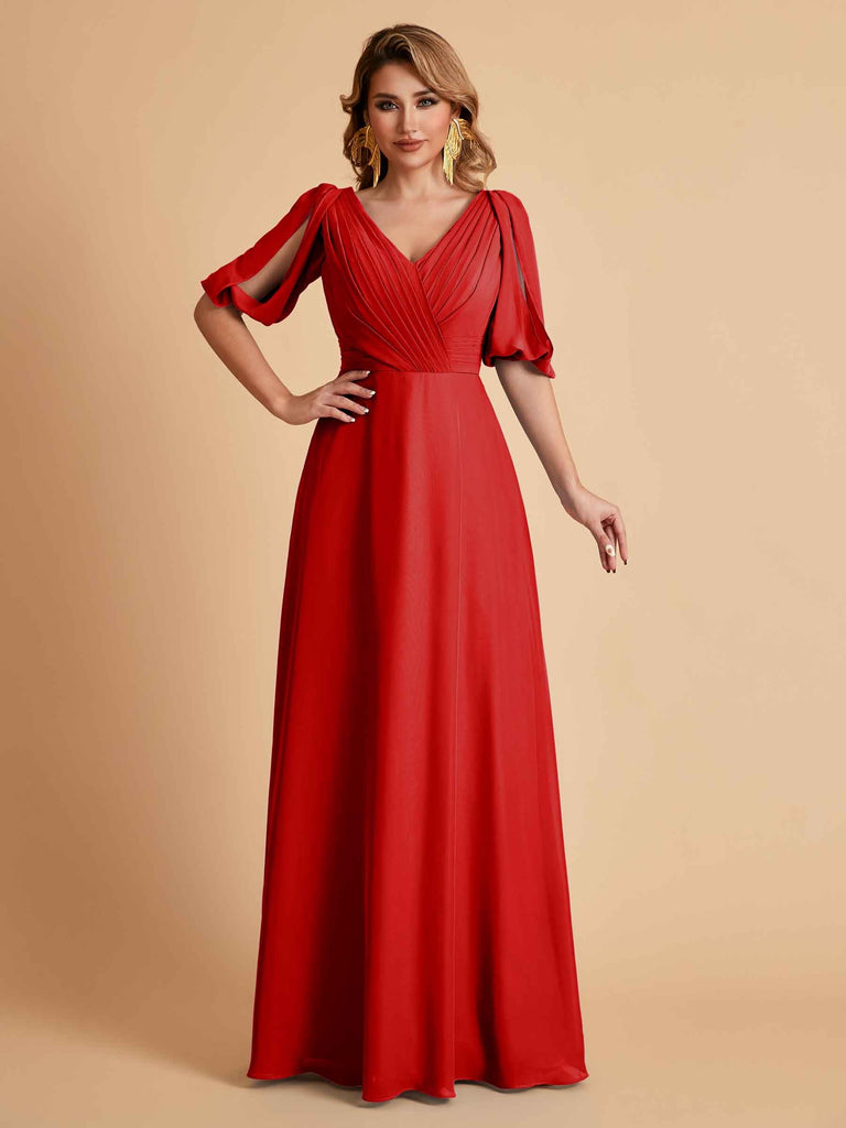 Robes de mère de la mariée élégantes en mousseline de soie manches mi-longues et col en V