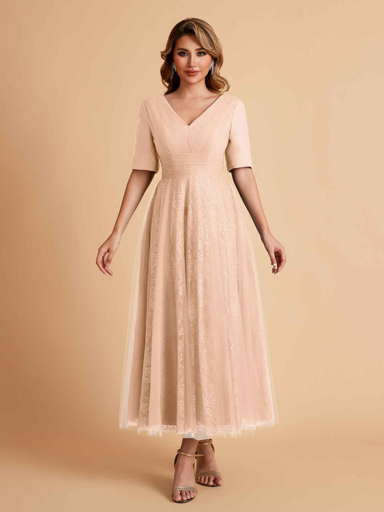 Robes de mère de la mariée élégantes manches mi-longues et col en V
