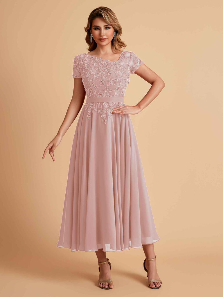 Robes de mère de la mariée coupe trapèze en mousseline à manches courtes