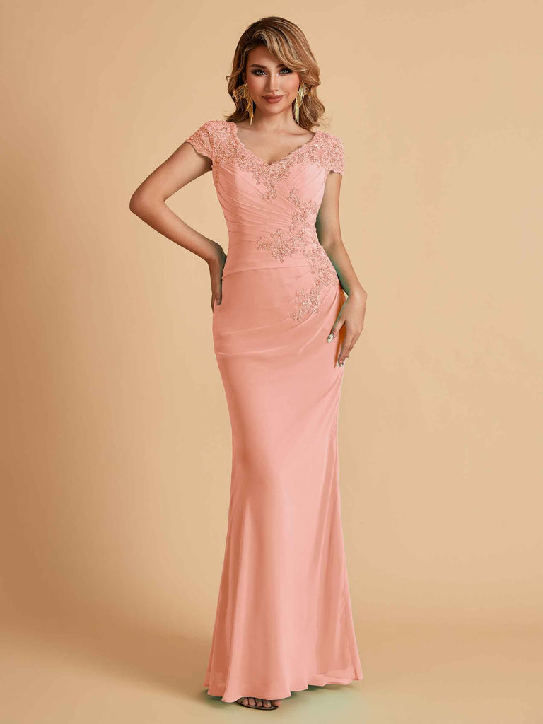 Robe de mère de la mariée col en V élégante en mousseline manches courtes
