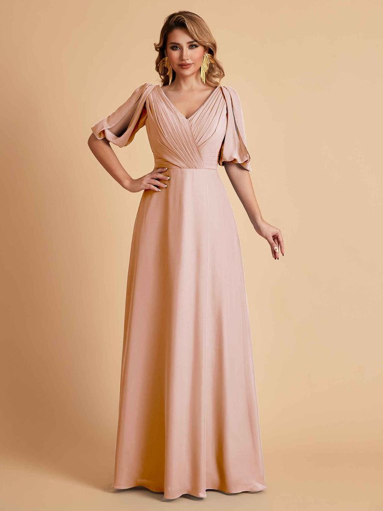 Robes de mère de la mariée élégantes en mousseline de soie manches mi-longues et col en V