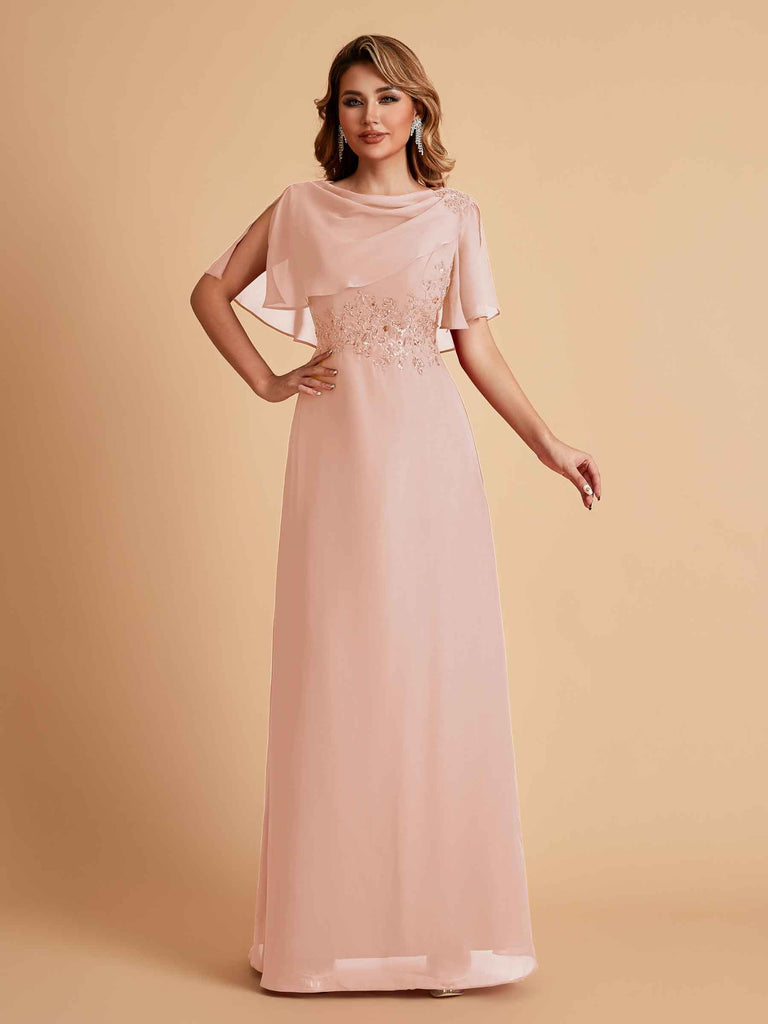 Robes de mère de la mariée en mousseline de soie manches mi-longues et bijoux