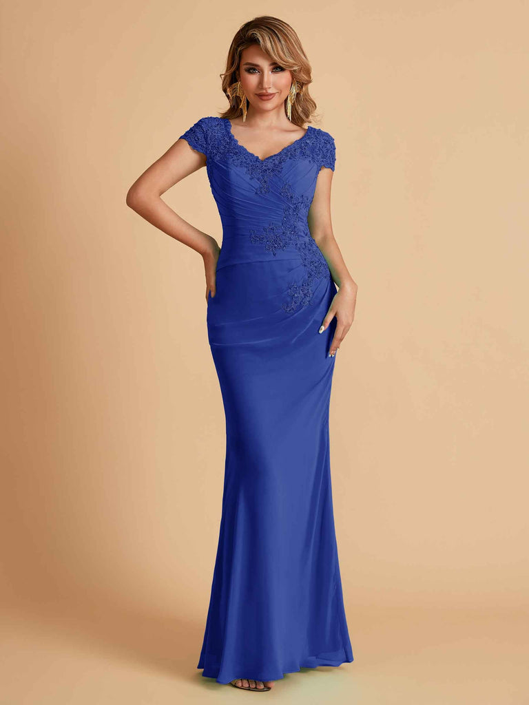 Robe de mère de la mariée col en V élégante en mousseline manches courtes