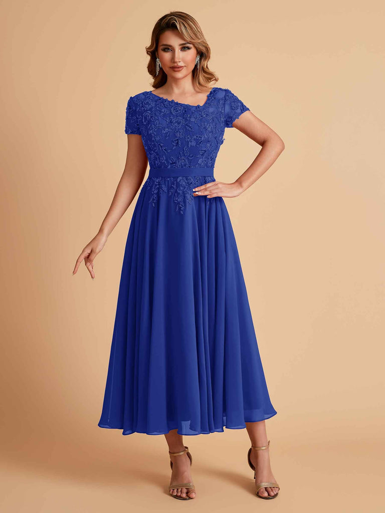 Robes de mère de la mariée coupe trapèze en mousseline à manches courtes
