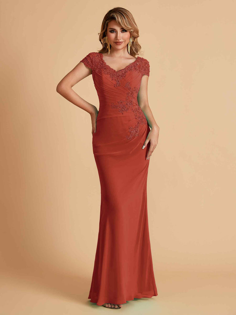 Robe de mère de la mariée col en V élégante en mousseline manches courtes