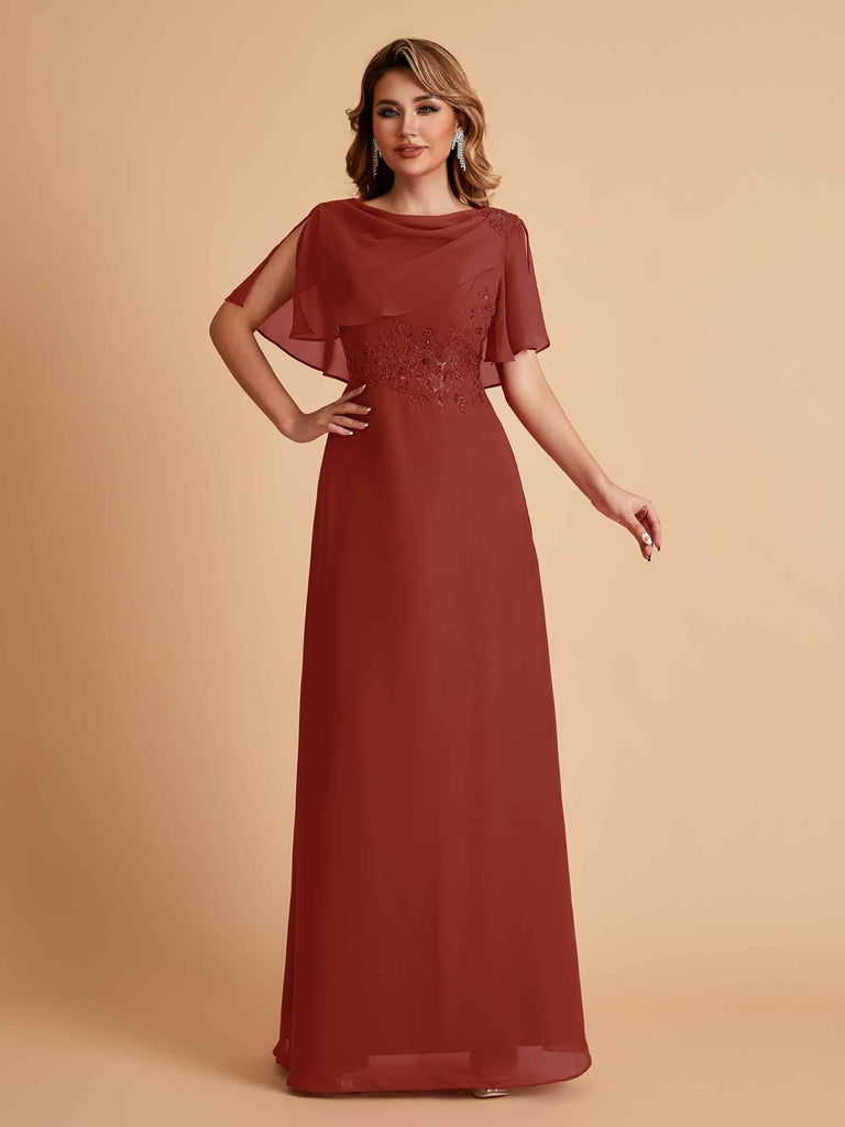 Robes de mère de la mariée en mousseline de soie manches mi-longues et bijoux
