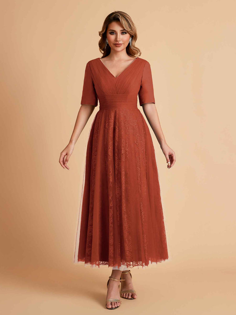 Robes de mère de la mariée élégantes manches mi-longues et col en V