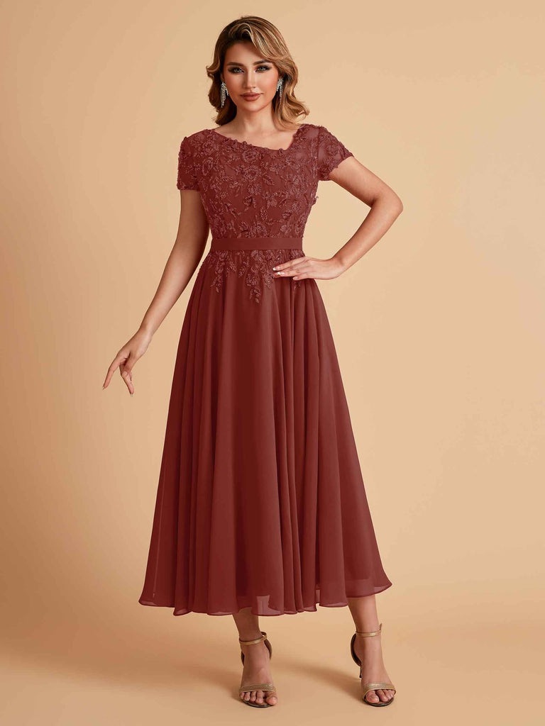 Robes de mère de la mariée coupe trapèze en mousseline à manches courtes