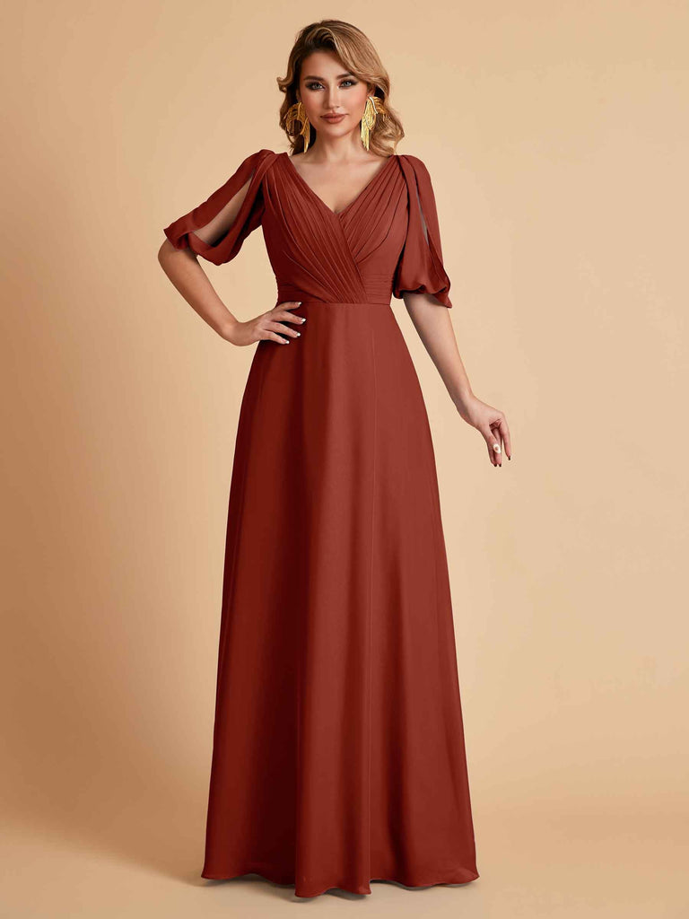 Robes de mère de la mariée élégantes en mousseline de soie manches mi-longues et col en V