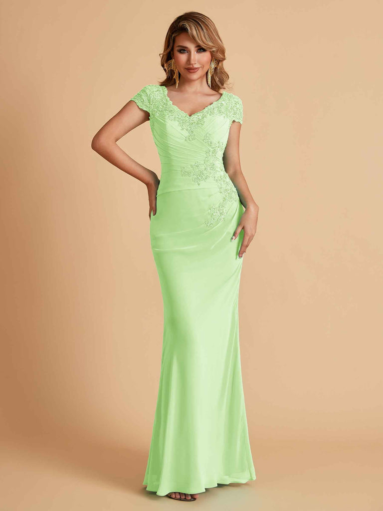 Robe de mère de la mariée col en V élégante en mousseline manches courtes