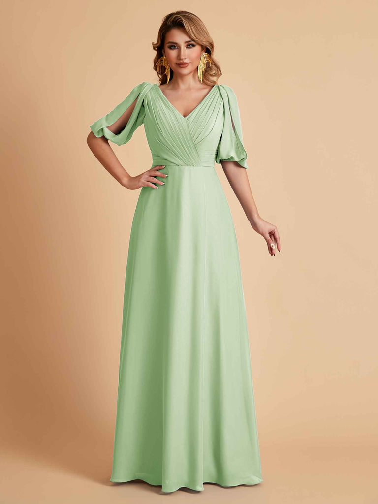 Robes de mère de la mariée élégantes en mousseline de soie manches mi-longues et col en V