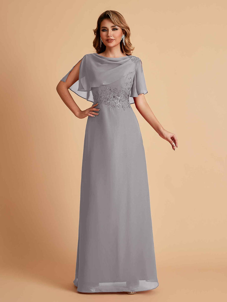 Robes de mère de la mariée en mousseline de soie manches mi-longues et bijoux