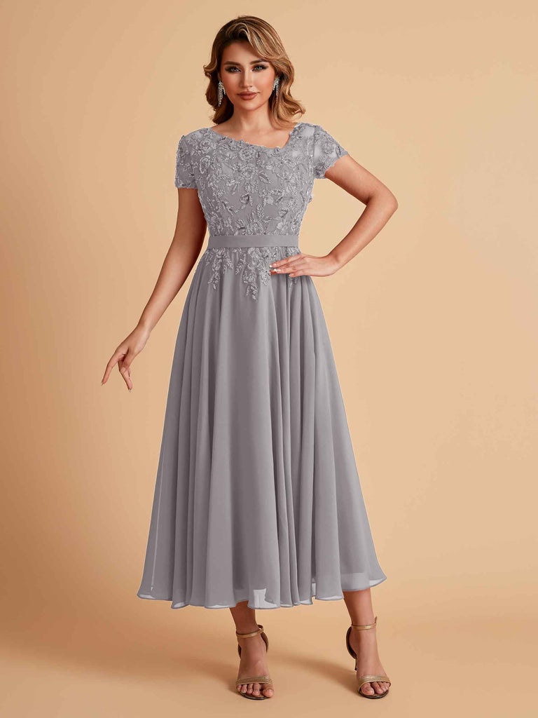 Robes de mère de la mariée coupe trapèze en mousseline à manches courtes