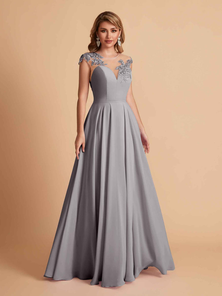 robes d'invitées de mariage en mousseline haut en dentelle illusion col en V