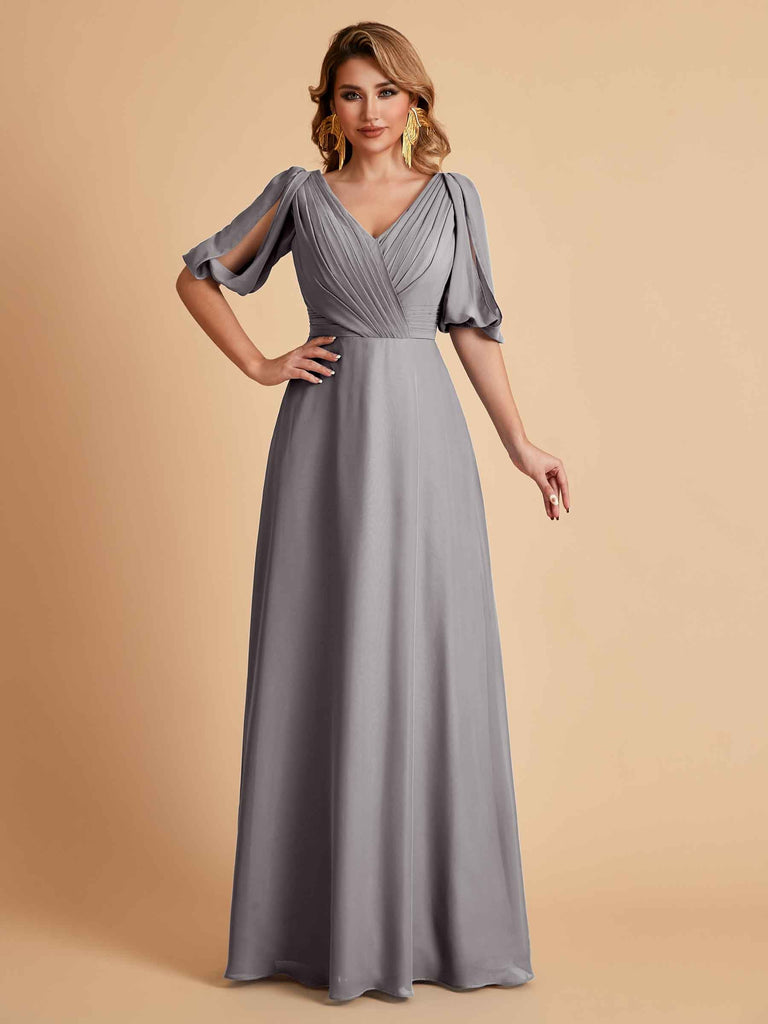 Robes de mère de la mariée élégantes en mousseline de soie manches mi-longues et col en V