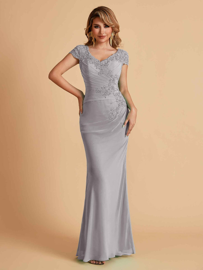 Robe de mère de la mariée col en V élégante en mousseline manches courtes