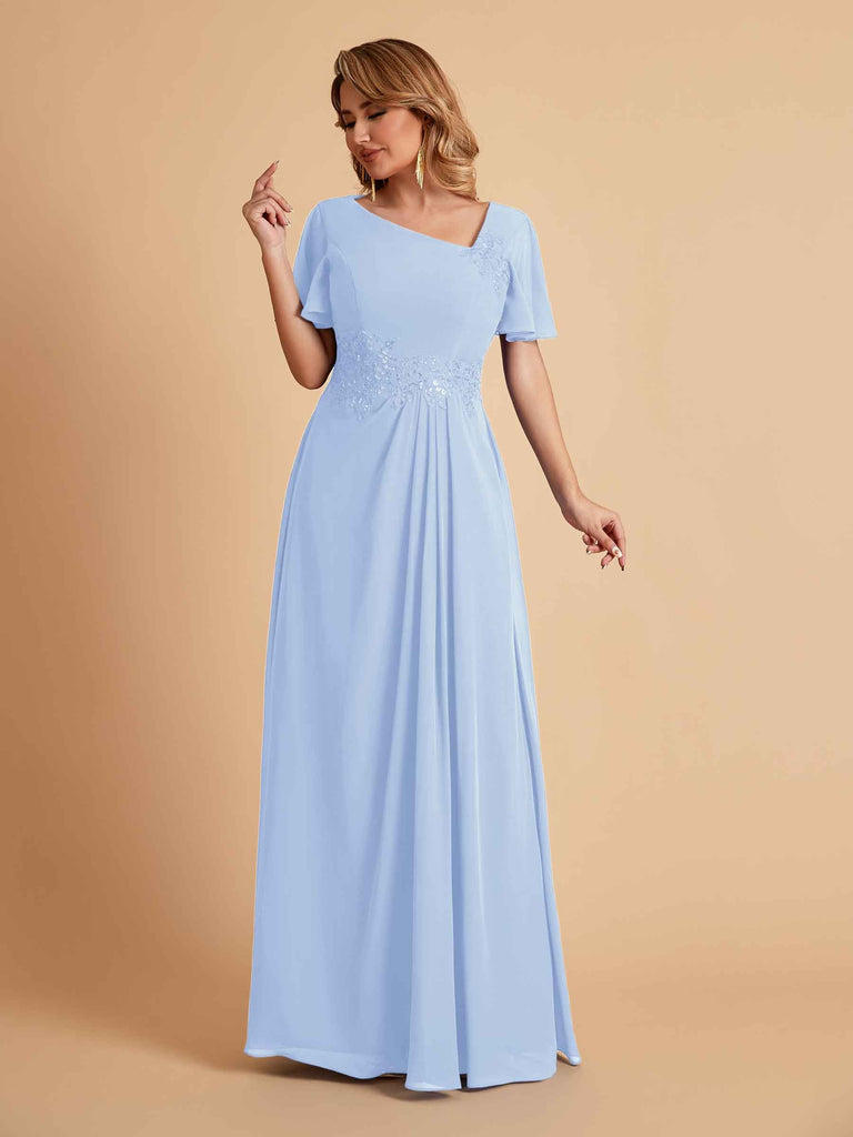 Robes de mère de la mariée élégantes coupe trapèze manches courtes et col en V