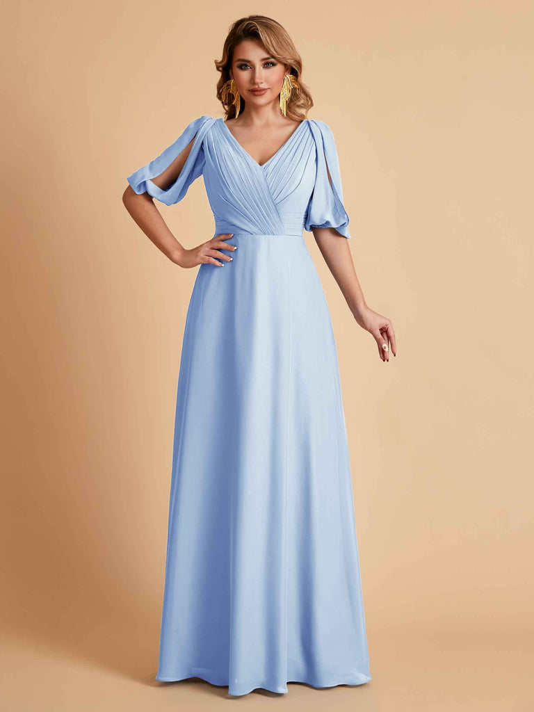 Robes de mère de la mariée élégantes en mousseline de soie manches mi-longues et col en V