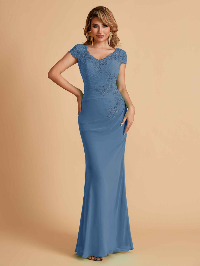 Robe de mère de la mariée col en V élégante en mousseline manches courtes